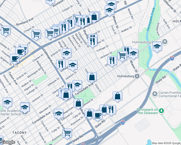 map of restaurants, bars, coffee shops, grocery stores, and more near 4553 Shelmire Avenue in Philadelphia