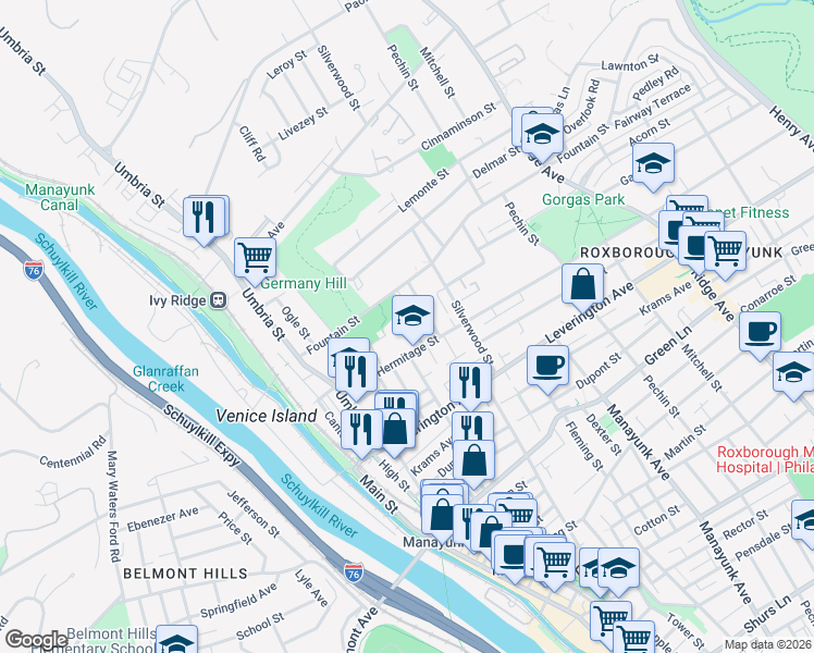 map of restaurants, bars, coffee shops, grocery stores, and more near 4717 Fowler Street in Philadelphia