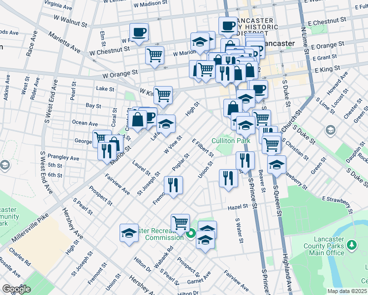 map of restaurants, bars, coffee shops, grocery stores, and more near 536 Saint Joseph Street in Lancaster