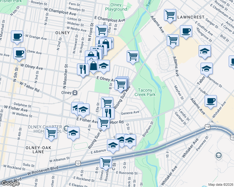 map of restaurants, bars, coffee shops, grocery stores, and more near 327 East Clarkson Avenue in Philadelphia