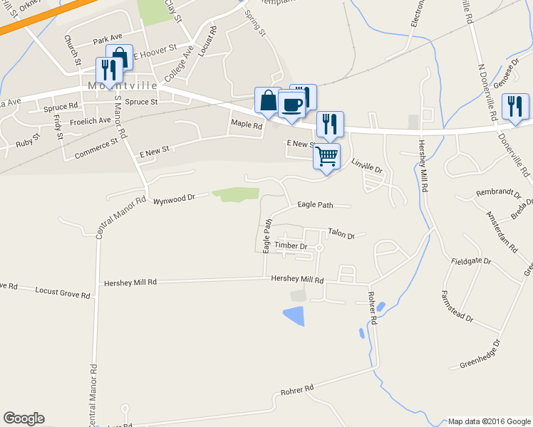 map of restaurants, bars, coffee shops, grocery stores, and more near 132 Eagle Path in Mountville