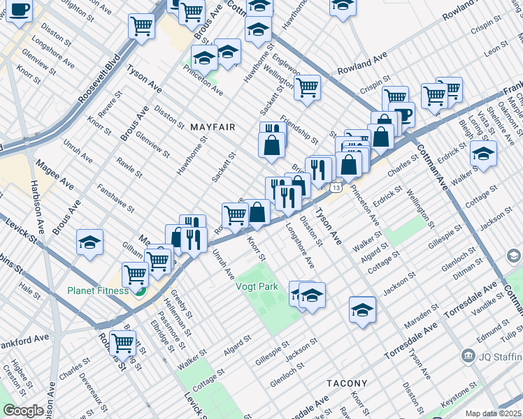 map of restaurants, bars, coffee shops, grocery stores, and more near 3344 Longshore Avenue in Philadelphia
