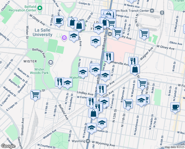 map of restaurants, bars, coffee shops, grocery stores, and more near 5232 North Carlisle Street in Philadelphia