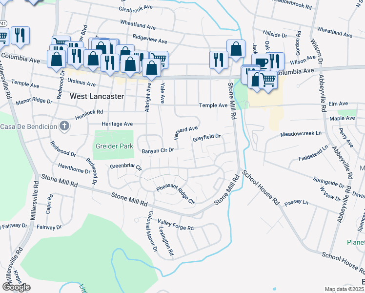 map of restaurants, bars, coffee shops, grocery stores, and more near 247 Harvard Avenue in Lancaster