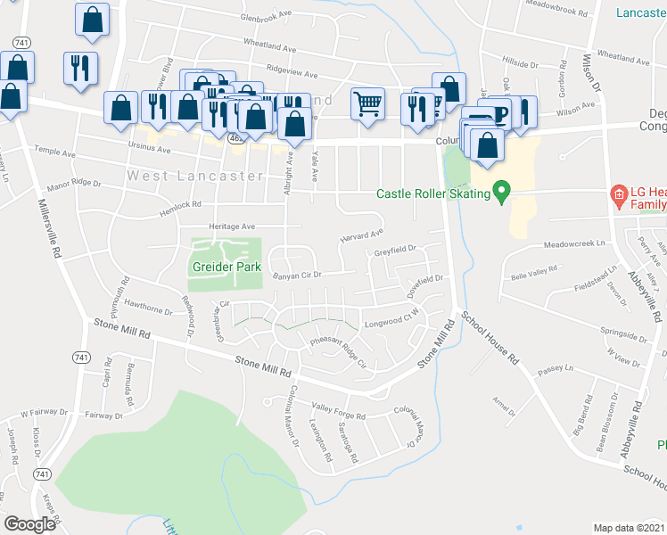 map of restaurants, bars, coffee shops, grocery stores, and more near 107 Banyan Circle Drive in Lancaster