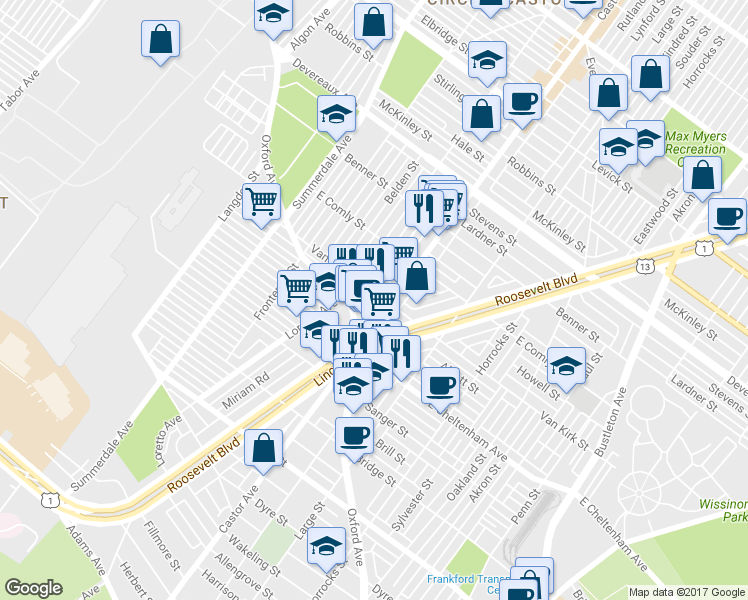 map of restaurants, bars, coffee shops, grocery stores, and more near 1334 Van Kirk Street in Philadelphia