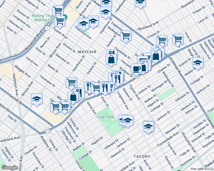 map of restaurants, bars, coffee shops, grocery stores, and more near 3344 Longshore Avenue in Philadelphia
