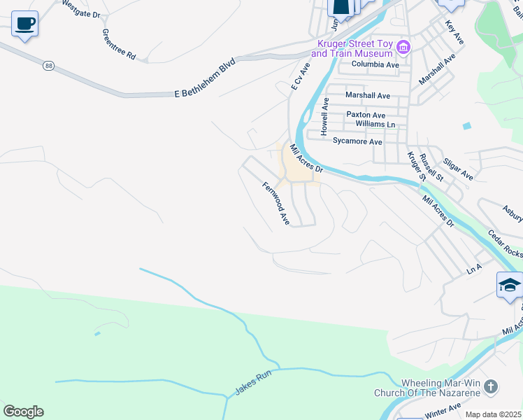 map of restaurants, bars, coffee shops, grocery stores, and more near 132 Gaewood Avenue in Wheeling