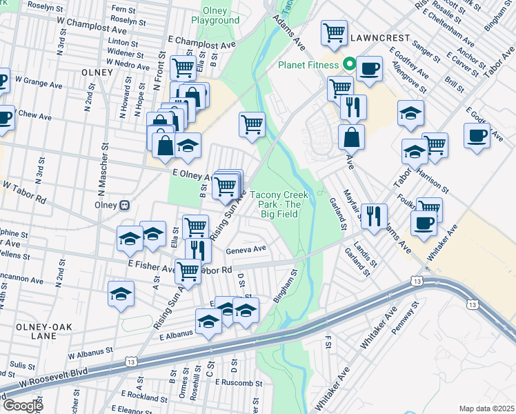 map of restaurants, bars, coffee shops, grocery stores, and more near 524 East Olney Avenue in Philadelphia