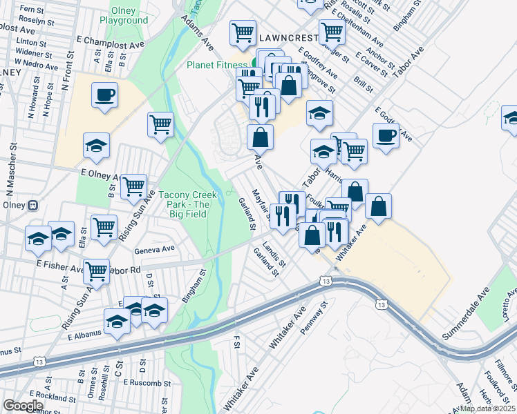 map of restaurants, bars, coffee shops, grocery stores, and more near 648 Mayfair Street in Philadelphia
