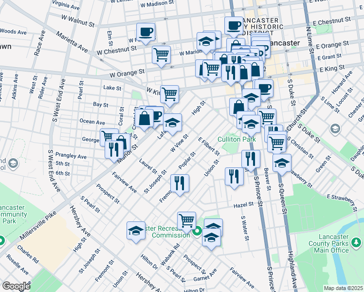 map of restaurants, bars, coffee shops, grocery stores, and more near 547 Saint Joseph Street in Lancaster