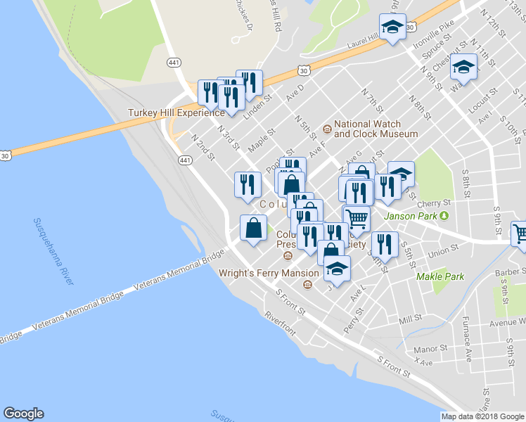 map of restaurants, bars, coffee shops, grocery stores, and more near 219 N 2nd St in Columbia