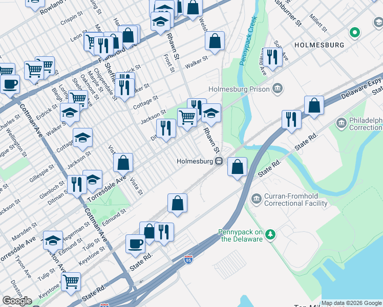 map of restaurants, bars, coffee shops, grocery stores, and more near 4751 Ashville Street in Philadelphia