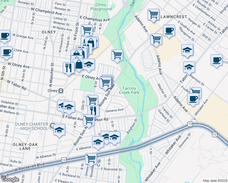 map of restaurants, bars, coffee shops, grocery stores, and more near 5519 Rising Sun Avenue in Philadelphia