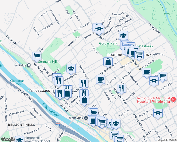 map of restaurants, bars, coffee shops, grocery stores, and more near 319 Hermitage Street in Philadelphia