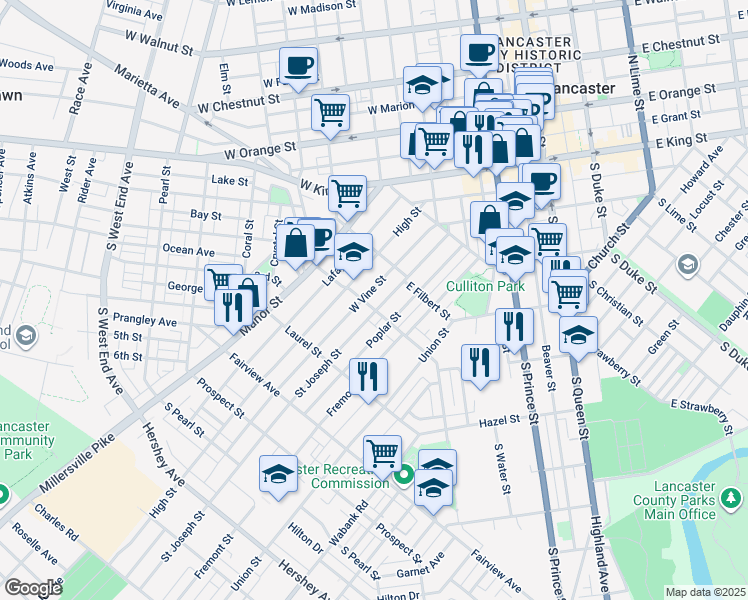 map of restaurants, bars, coffee shops, grocery stores, and more near 547 Saint Joseph Street in Lancaster