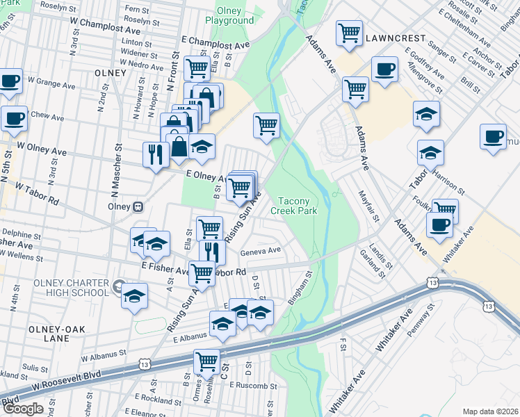map of restaurants, bars, coffee shops, grocery stores, and more near 5519 Rising Sun Avenue in Philadelphia