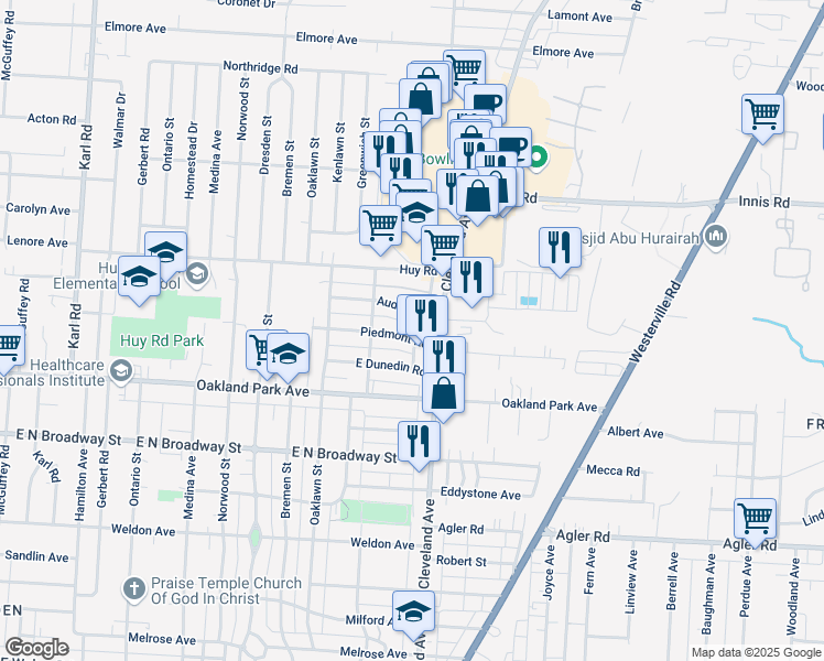 map of restaurants, bars, coffee shops, grocery stores, and more near 1804 Piedmont Road in Columbus