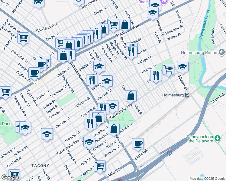 map of restaurants, bars, coffee shops, grocery stores, and more near 4500 Bleigh Avenue in Philadelphia