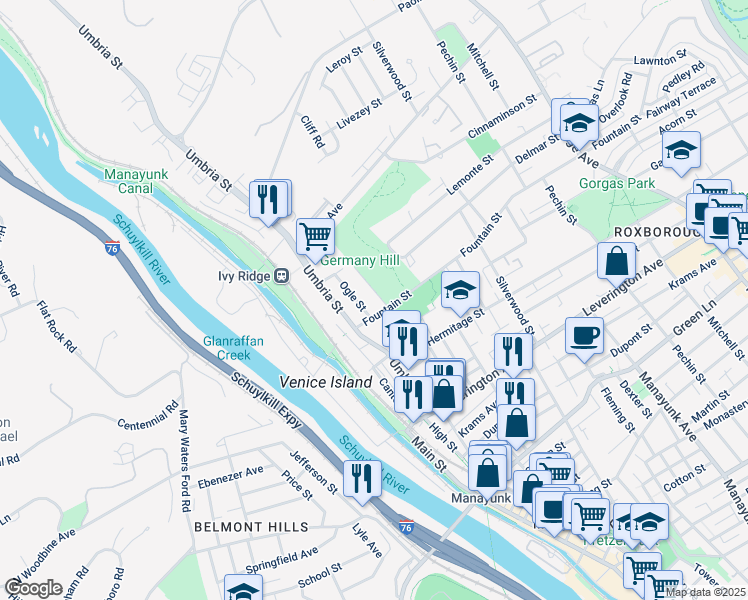 map of restaurants, bars, coffee shops, grocery stores, and more near 4815 Smick Street in Philadelphia