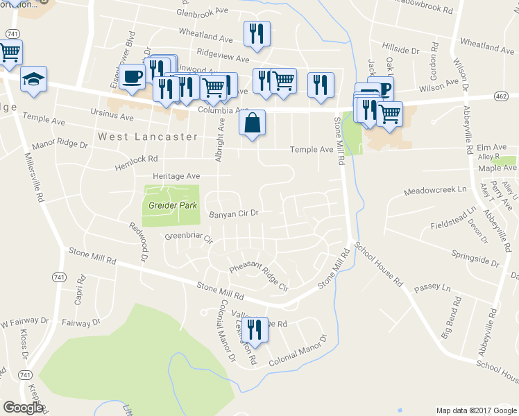 map of restaurants, bars, coffee shops, grocery stores, and more near 107 Banyan Circle Drive in Lancaster