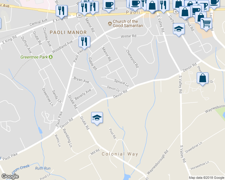 map of restaurants, bars, coffee shops, grocery stores, and more near 5 Devon Circle in Paoli