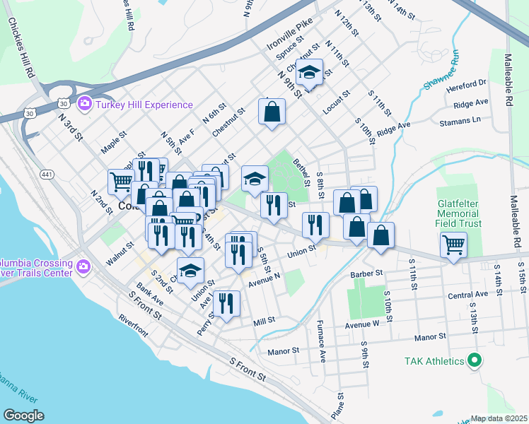 map of restaurants, bars, coffee shops, grocery stores, and more near 550 Cherry Street in Columbia