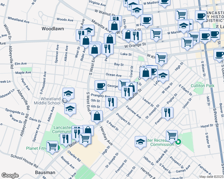 map of restaurants, bars, coffee shops, grocery stores, and more near 713 4th Street in Lancaster