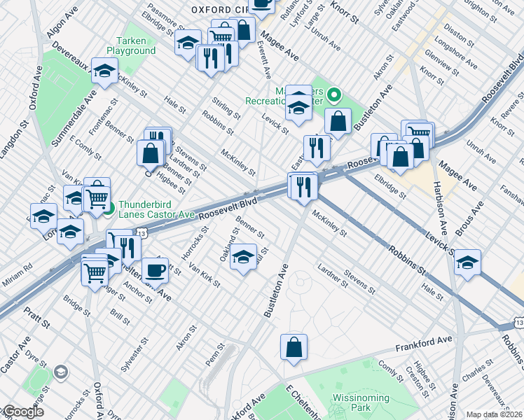 map of restaurants, bars, coffee shops, grocery stores, and more near 1901 Lardner Street in Philadelphia