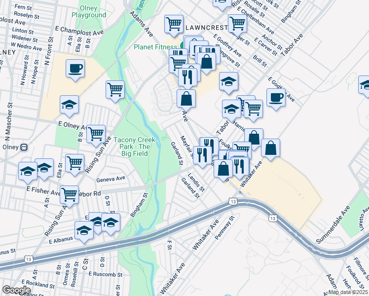 map of restaurants, bars, coffee shops, grocery stores, and more near 648 Mayfair Street in Philadelphia