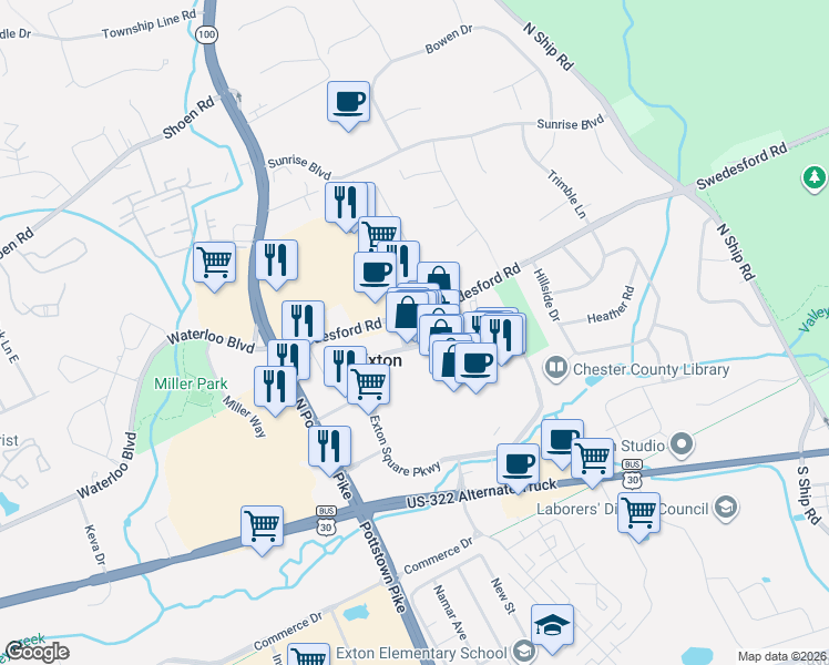 map of restaurants, bars, coffee shops, grocery stores, and more near 309 Exton Commons in Exton