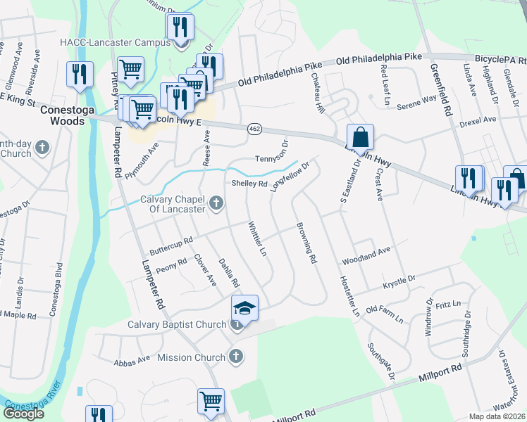 map of restaurants, bars, coffee shops, grocery stores, and more near 128 Longfellow Dr in Lancaster