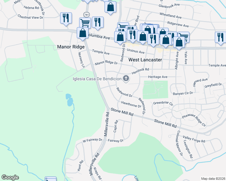 map of restaurants, bars, coffee shops, grocery stores, and more near 2100 Birchwood Road in Lancaster