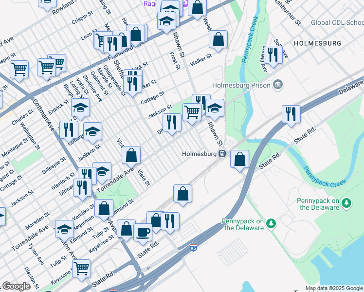 map of restaurants, bars, coffee shops, grocery stores, and more near 4724 Hartel Avenue in Philadelphia