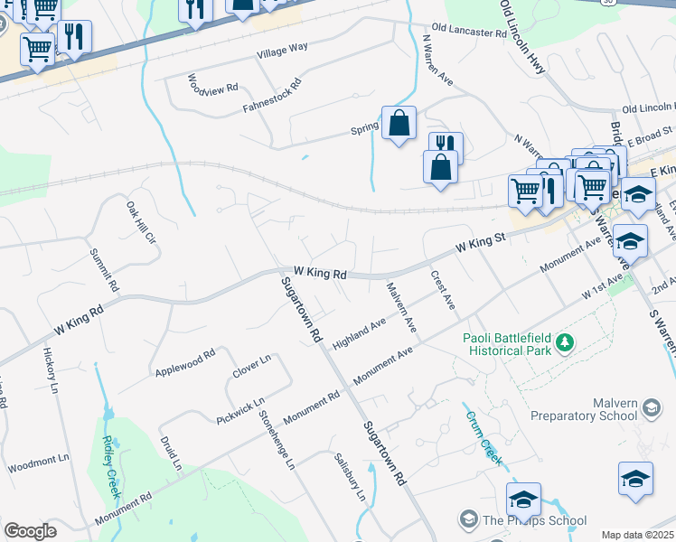 map of restaurants, bars, coffee shops, grocery stores, and more near 1200 Charleston Greene in Malvern