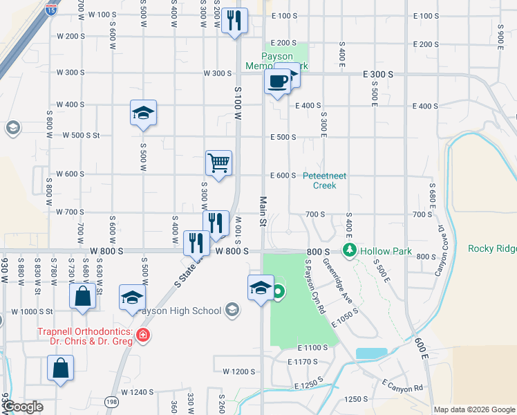 map of restaurants, bars, coffee shops, grocery stores, and more near 688 South Main Street in Payson