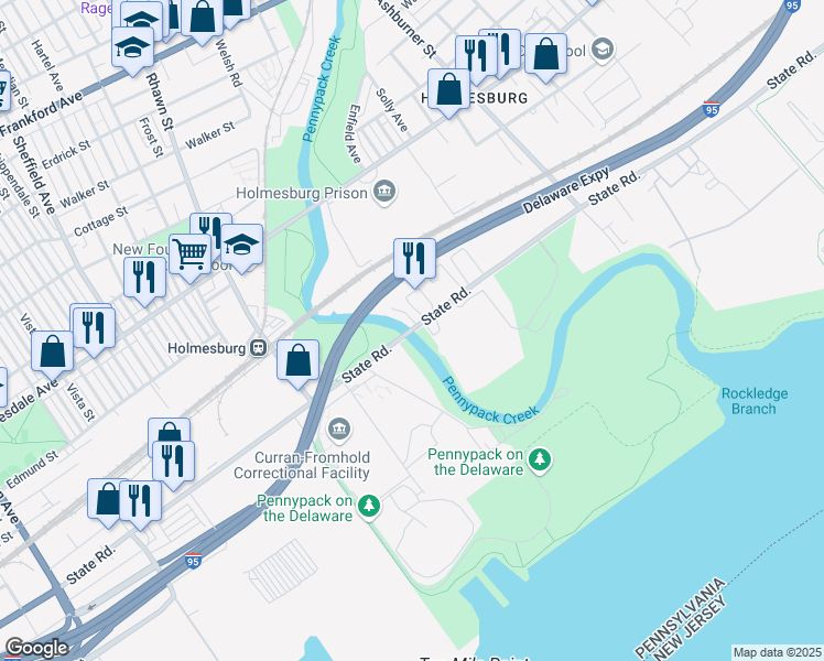 map of restaurants, bars, coffee shops, grocery stores, and more near 8001 State Road in Philadelphia