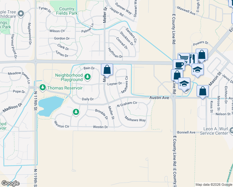 map of restaurants, bars, coffee shops, grocery stores, and more near 547 Mathews Circle in Erie
