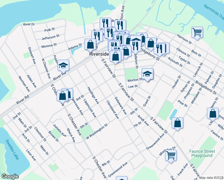 map of restaurants, bars, coffee shops, grocery stores, and more near 320 Delaware Avenue in Riverside