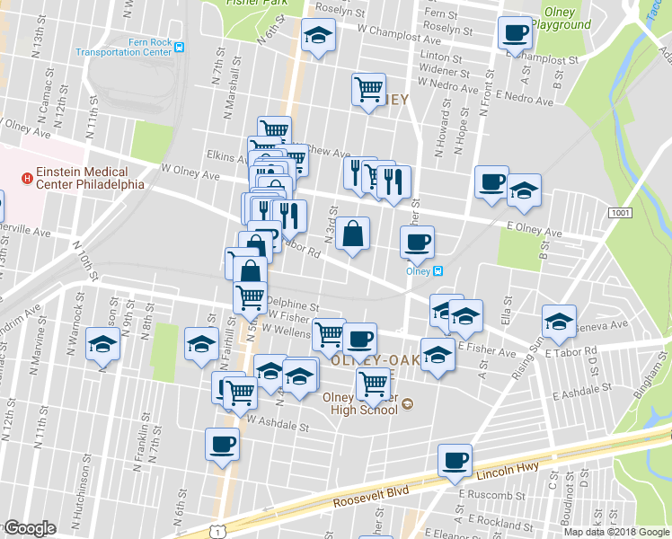 map of restaurants, bars, coffee shops, grocery stores, and more near 238 West Tabor Road in Philadelphia