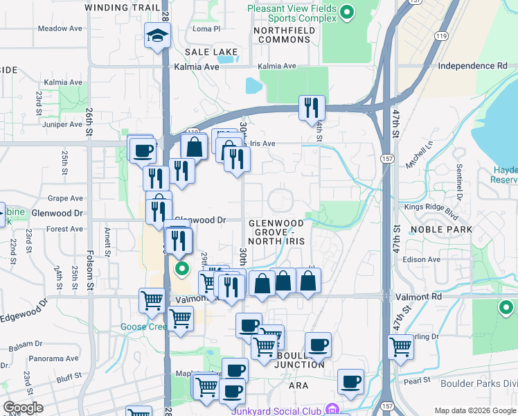 map of restaurants, bars, coffee shops, grocery stores, and more near 3250 O'Neal Circle in Boulder
