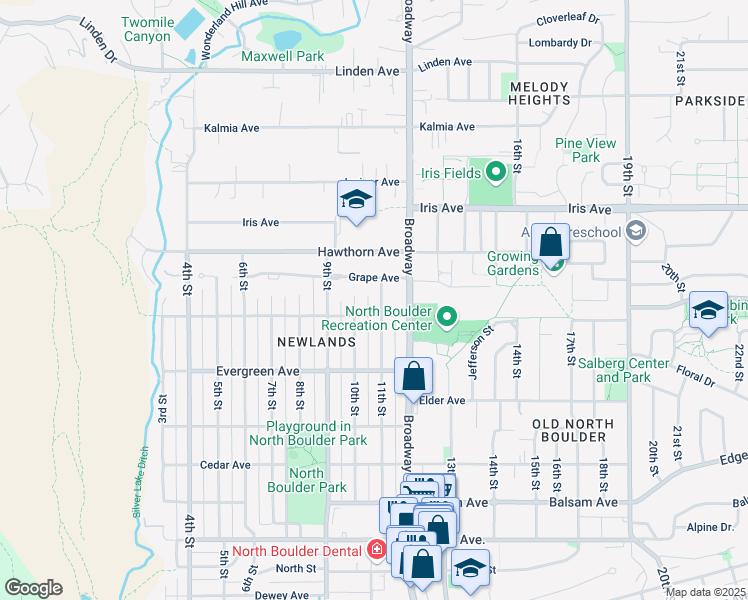 map of restaurants, bars, coffee shops, grocery stores, and more near 3237 11th Street in Boulder