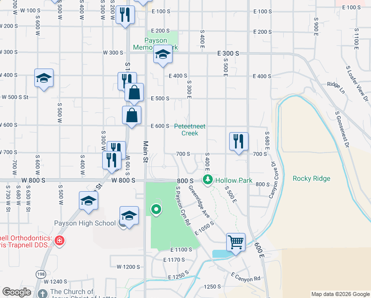 map of restaurants, bars, coffee shops, grocery stores, and more near 287 700 South in Payson