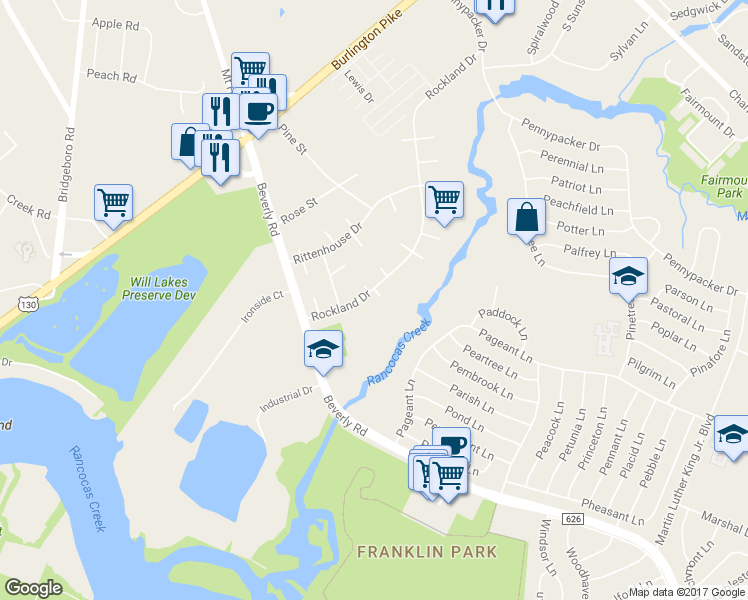 map of restaurants, bars, coffee shops, grocery stores, and more near 18 Ruscombe Court in Willingboro