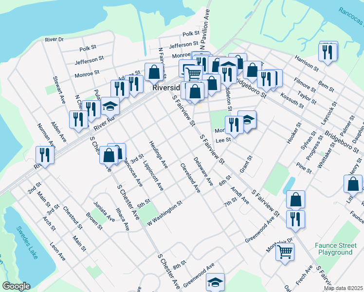 map of restaurants, bars, coffee shops, grocery stores, and more near 320 Delaware Ave in Riverside