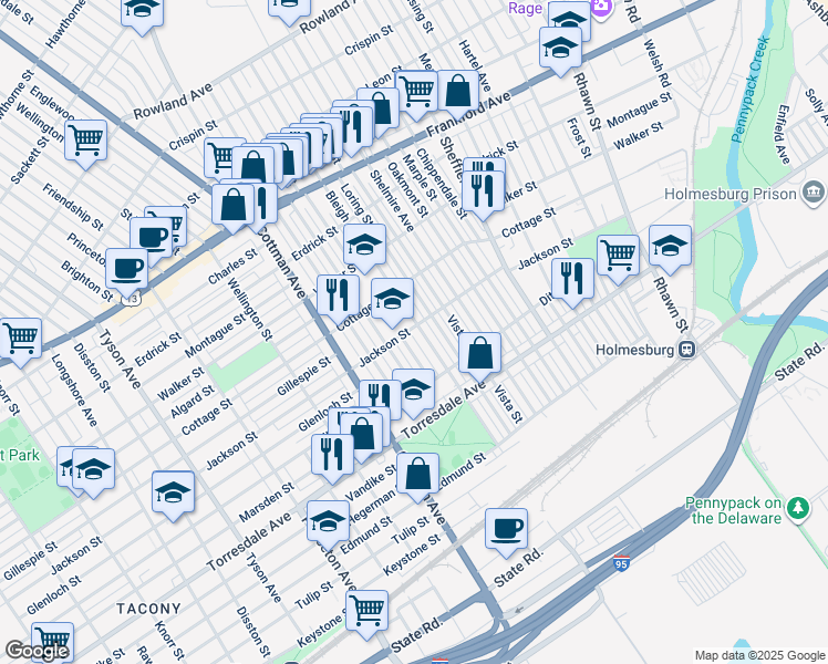 map of restaurants, bars, coffee shops, grocery stores, and more near 4500 Bleigh Avenue in Philadelphia