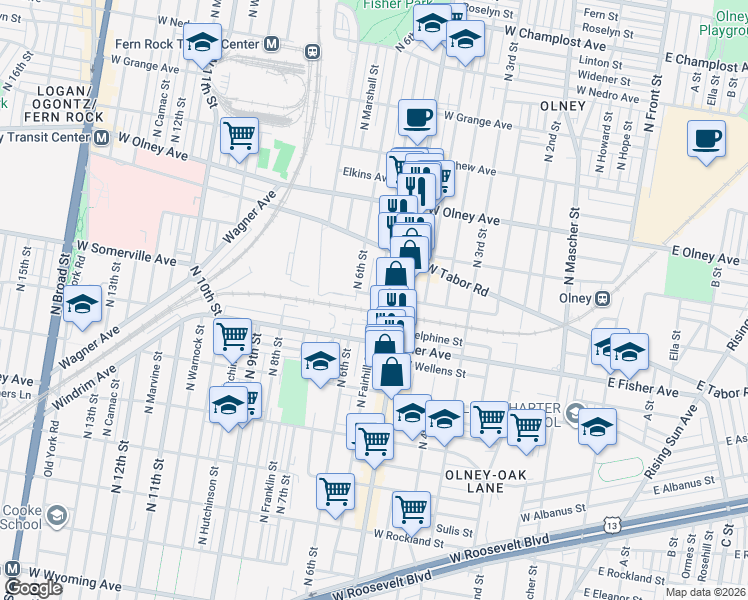 map of restaurants, bars, coffee shops, grocery stores, and more near 524 West Somerville Avenue in Philadelphia