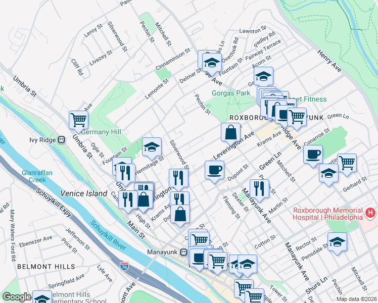 map of restaurants, bars, coffee shops, grocery stores, and more near 319 Hermitage Street in Philadelphia