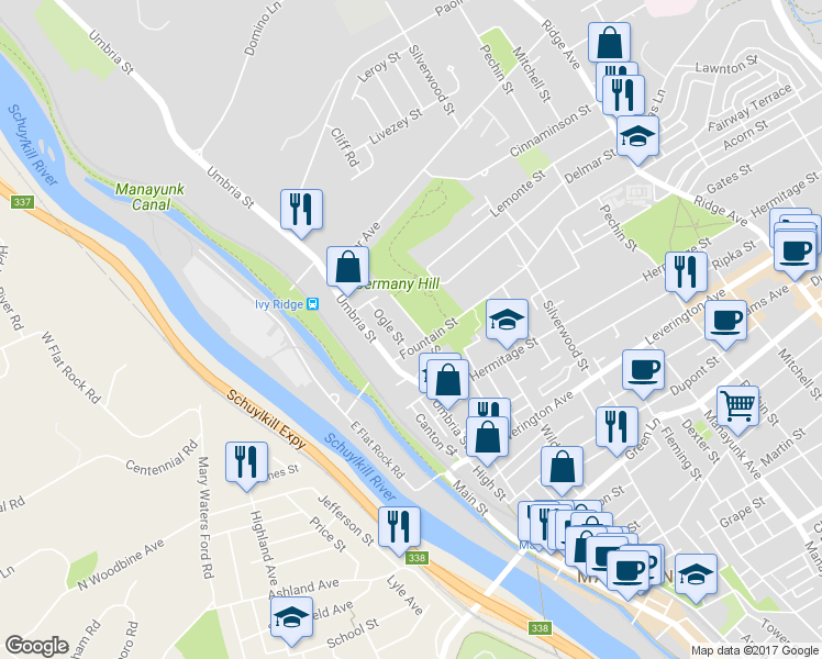 map of restaurants, bars, coffee shops, grocery stores, and more near 4815 Smick Street in Philadelphia