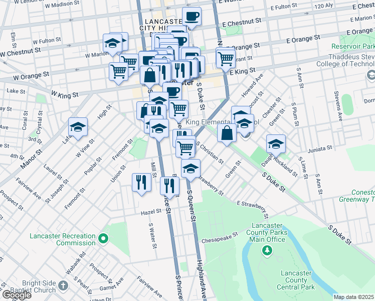 map of restaurants, bars, coffee shops, grocery stores, and more near 244 Pennsylvania 72 in Lancaster